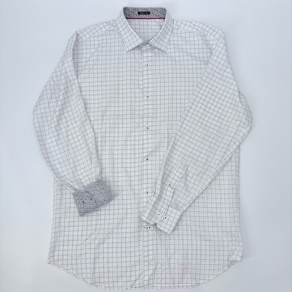 Bugatchi Uomo Men’s Classic Fit White Black Check Patterned Button Up Shirt